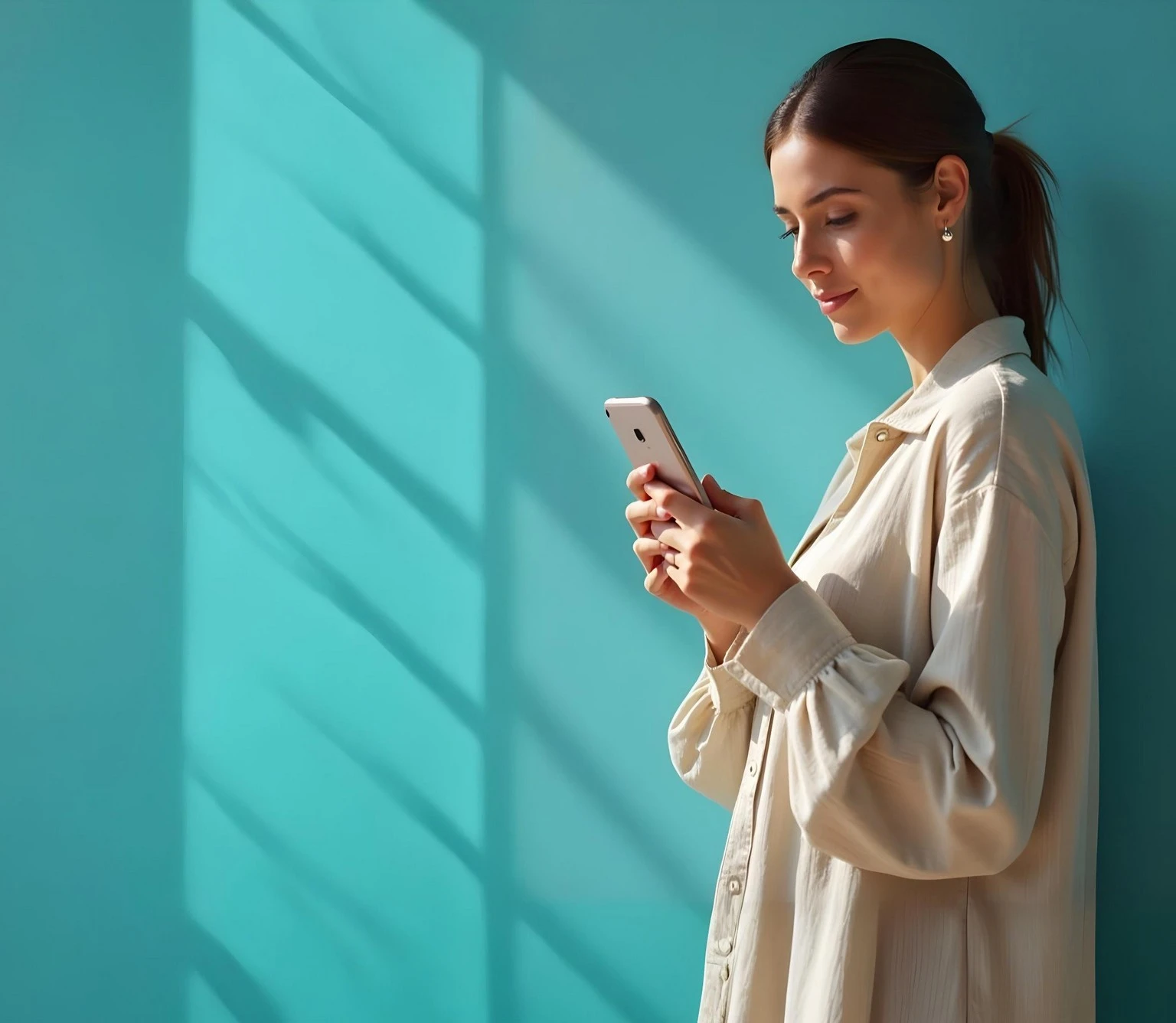 Une femme en chemise blanche utilise son téléphone, debout devant une fenêtre avec des stores, baignée de lumière nature