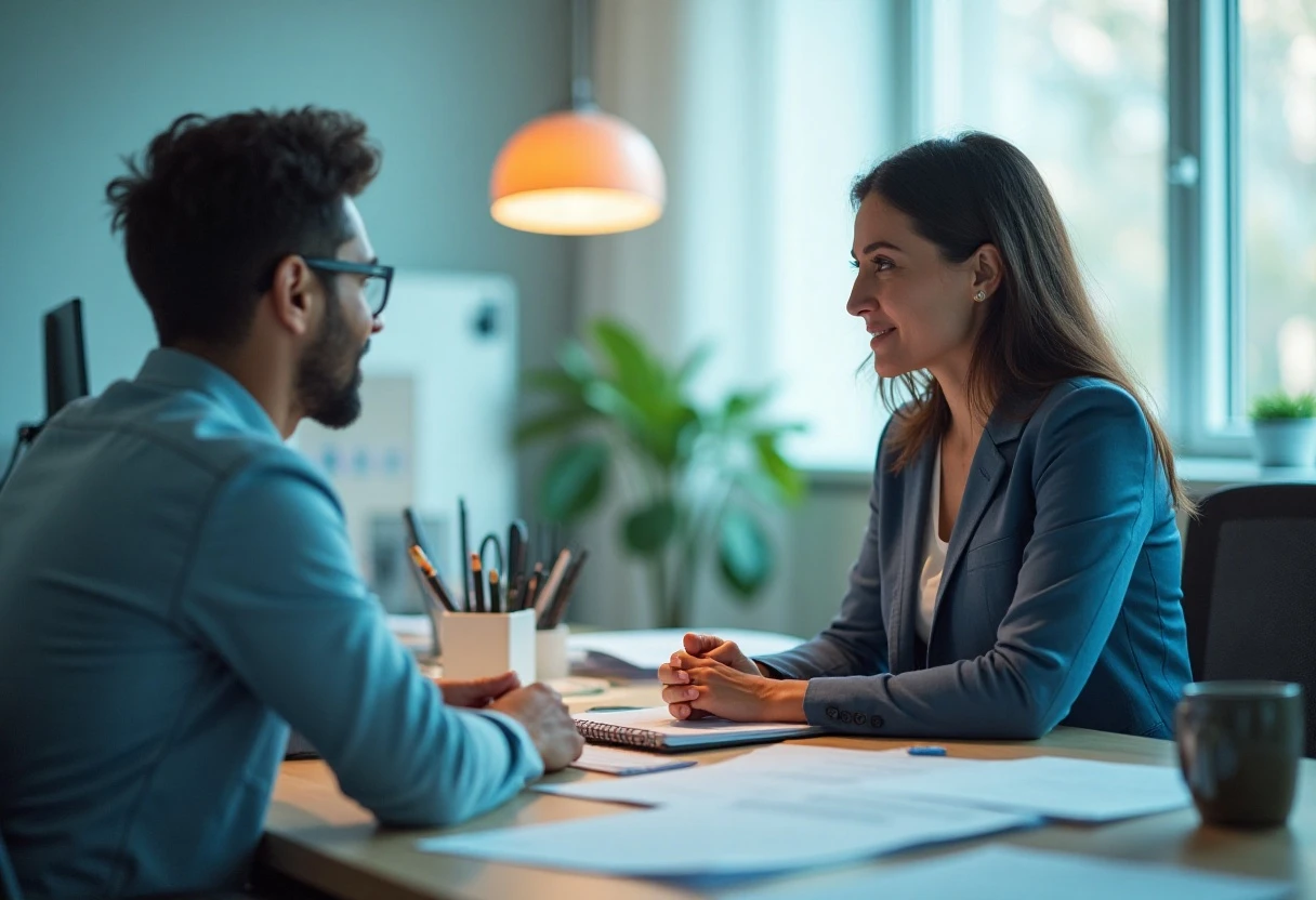 Deux collègues discutent autour d'une table de bureau avec des papiers et des tasses de café. La femme sourit, l'homme éco