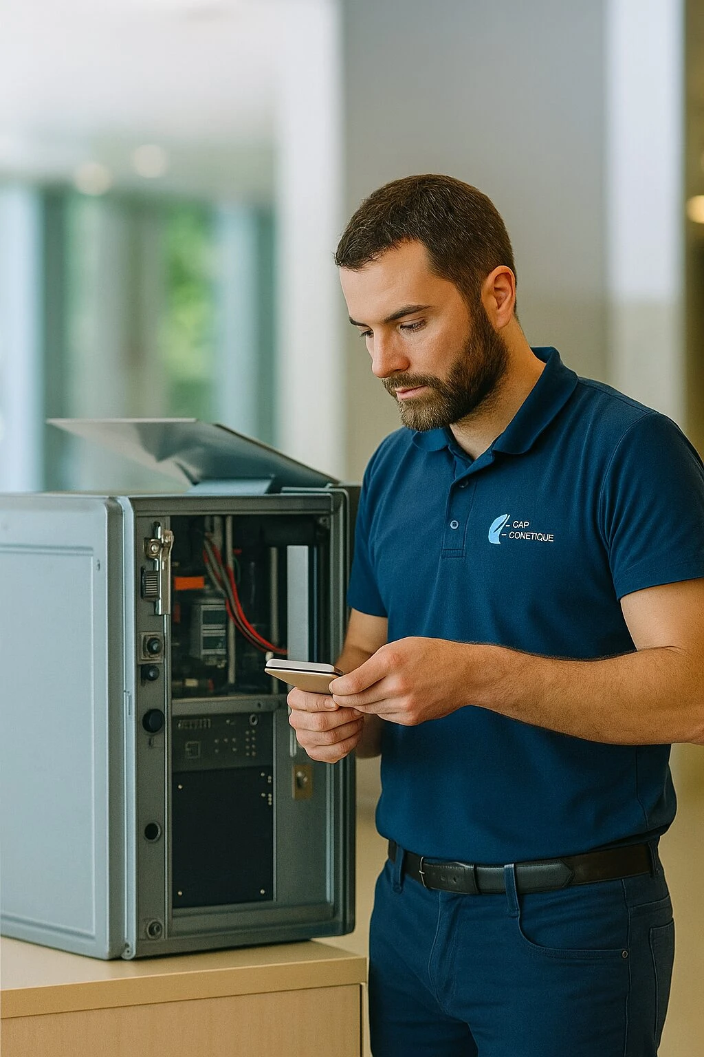 Un technicien en uniforme bleu utilise un smartphone près d'un serveur informatique ouvert.