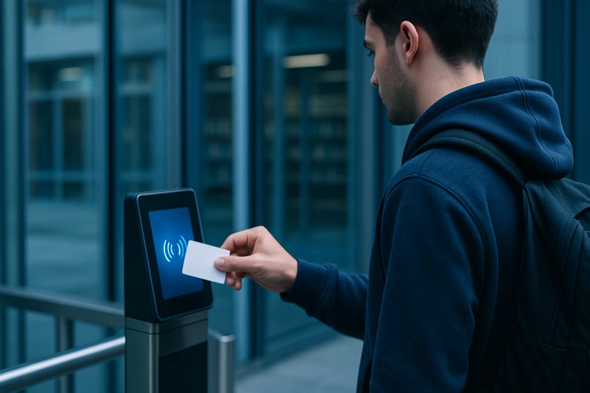 Un homme utilise une carte pour accéder à un tourniquet électronique dans un bâtiment moderne.