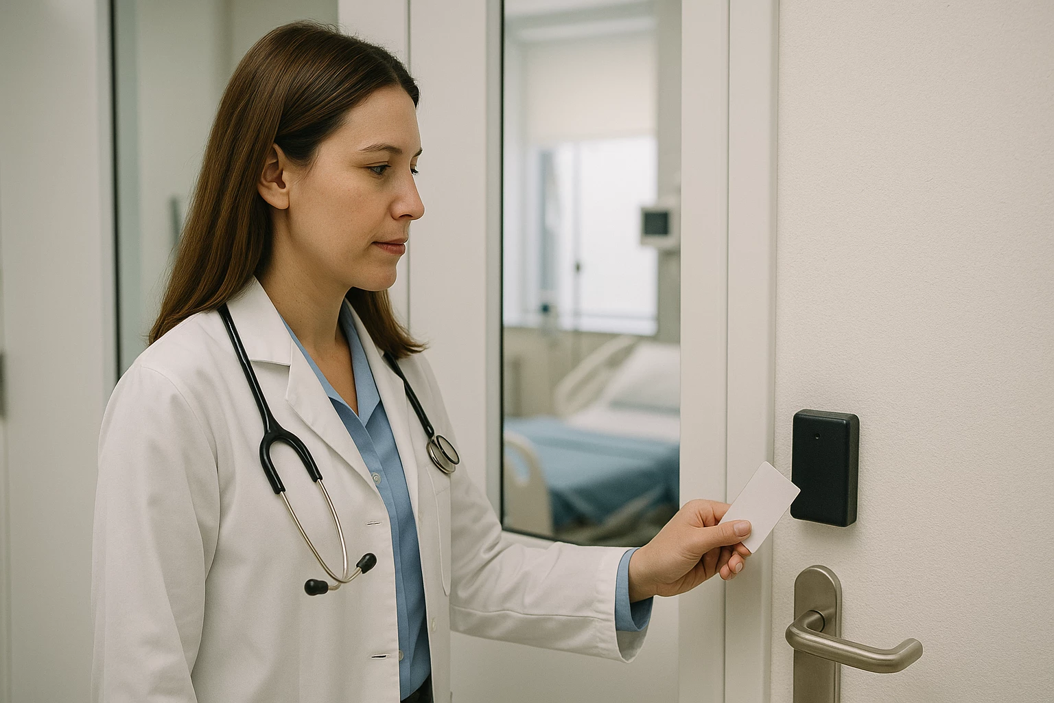 Une femme médecin en blouse blanche utilise une carte pour ouvrir une porte d'hôpital.