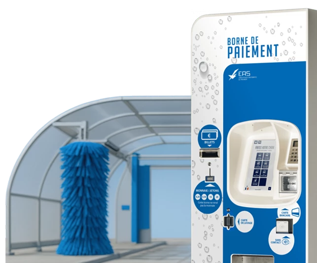L'image montre une station de lavage automatique avec une brosse bleue et une borne de paiement bleue et blanche.