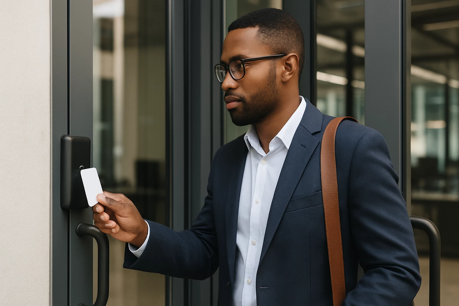 Homme en costume utilisant une carte d'accès pour ouvrir une porte d'immeuble moderne.