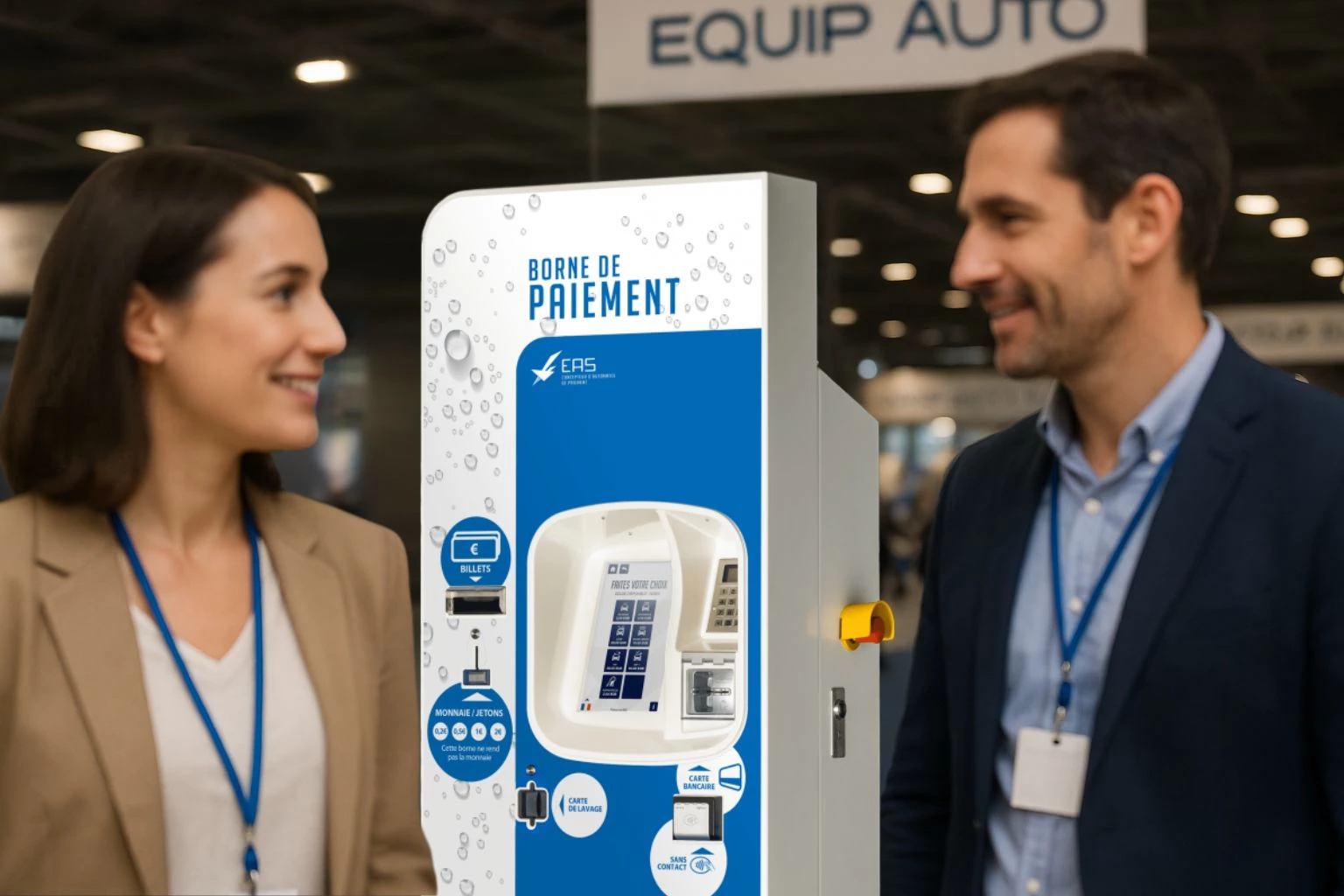 Deux personnes discutent devant une borne de paiement à un salon professionnel. La borne affiche divers services financiers.